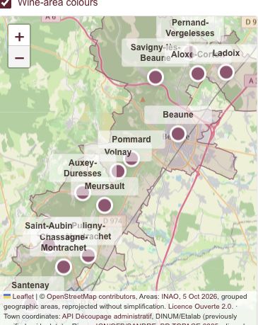 Our interactive atlas: wine-growing areas of the Côte de Beaune around Beaune, Pommard and Meursault.